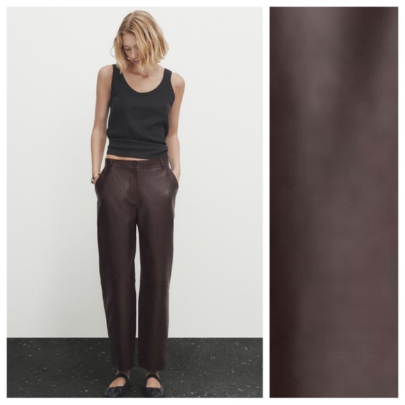 NWT. Massimo Dutti Studio Brown Leather Trousers. Size L.